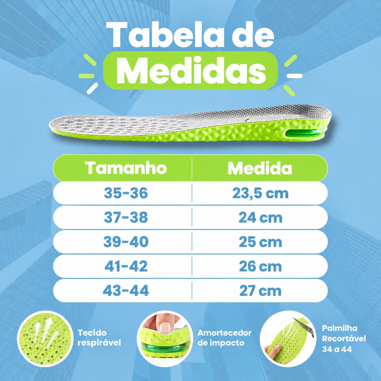 Tabela de medidas da palmilha: tamanho do calçado e medida em cm